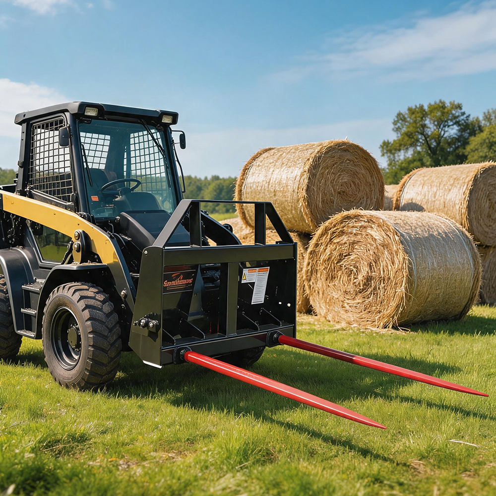 Landhonor 49&rdquo; Double Tine Skid Steer Hay Bale Spear for Large Round and Square Bales, 2500 lbs Lift Capacity Fits Universal Quick Attach Loader