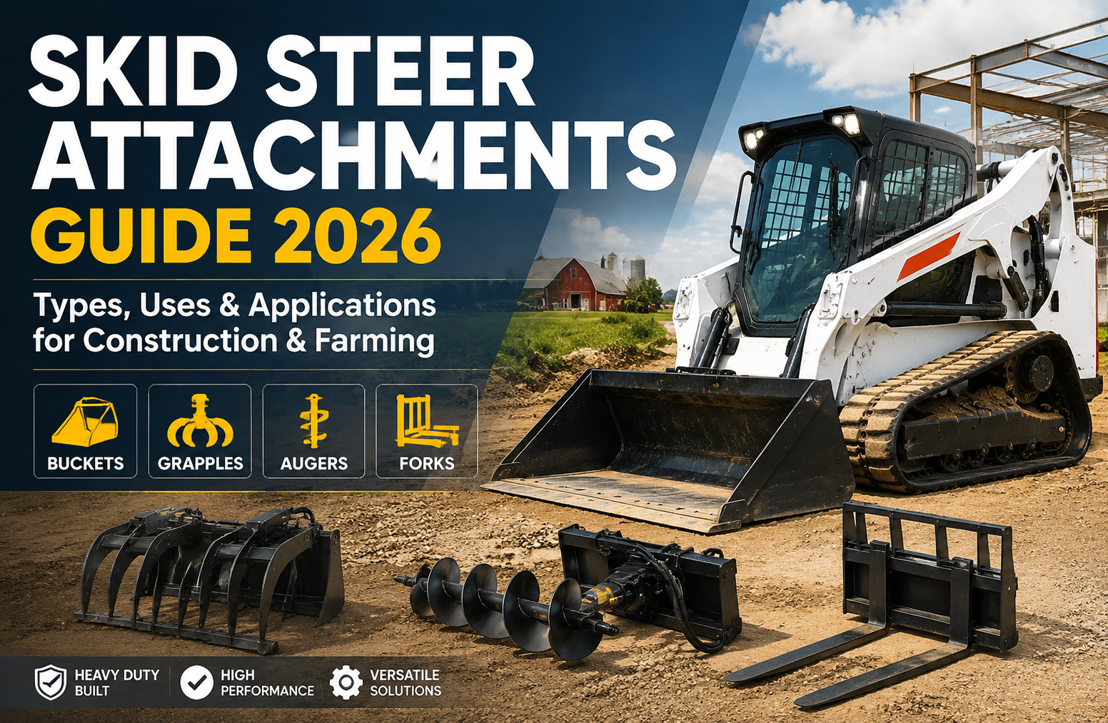 Skid Steer Attachments Guide 2026: Types, Uses & Applications for Construction & Farming
